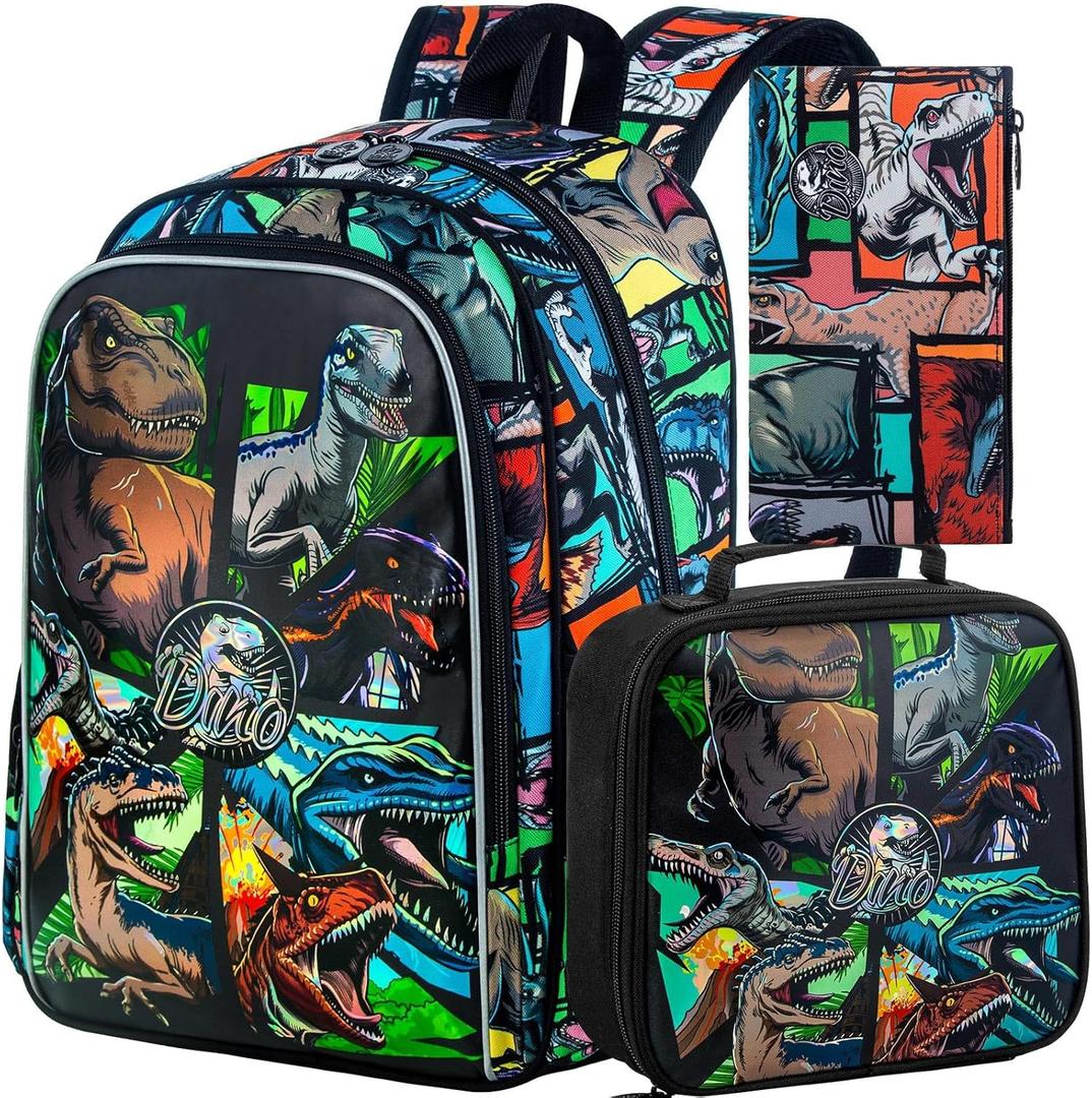 CCJPX 3PCS Dinosaur Backpack for Boys, 16 Inch Water Resistant Preschool Bookbags, Cool Kindergarten School Backpacks and Lunch Box
