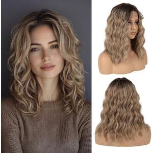16 Inch Medium Length Wavy Ombre Ash Blonde Synthetic Wig with Adjustable Bands for Women – Natural Middle Part Design for Daily Wear, Parties, or Halloween