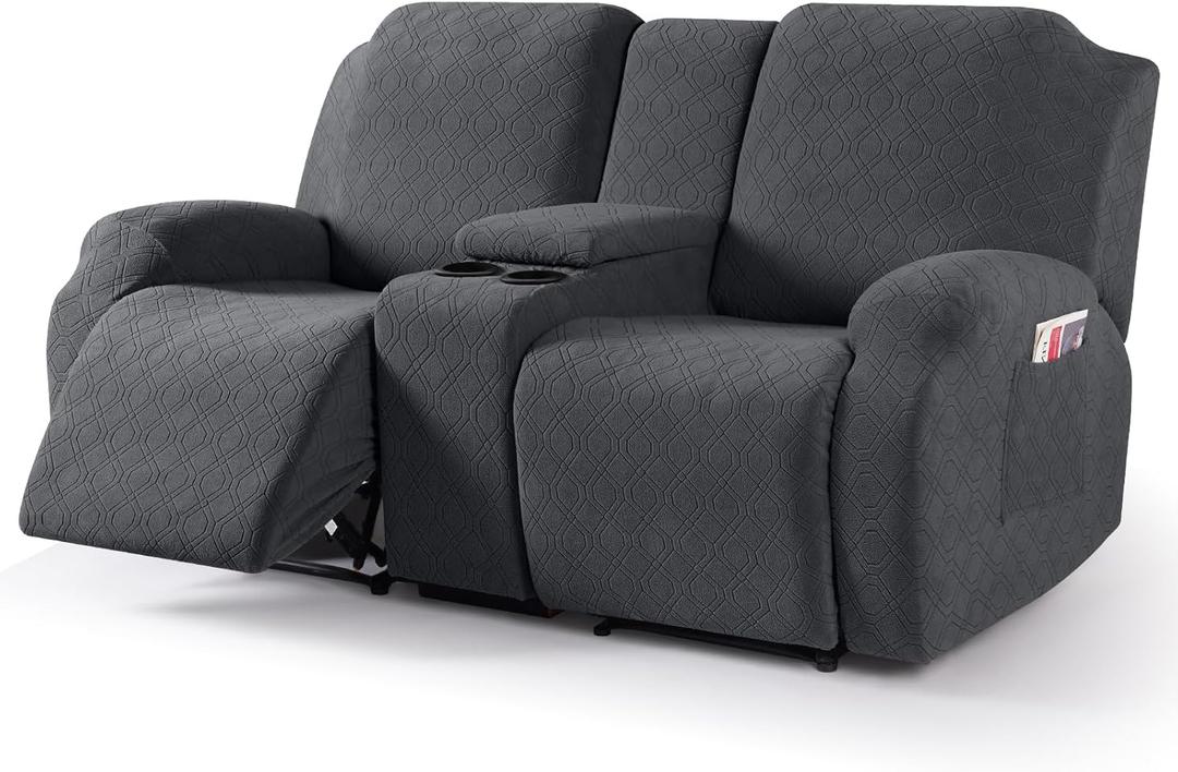 VANSOFY Recliner Loveseat Cover with Middle Console Stretch Reclining Sofa Slipcover for 2 Seat Jacquard Reclining Couch Sofa Covers Furniture Protector with Elastic Straps Bottom (Black Gray)