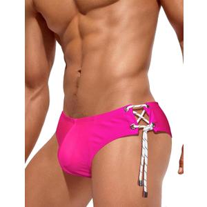 AIEOE Men Low Rise Swim Briefs Quick Dry Athletic Swimsuit Bikini Pouch Swimwear Side Lace Up (Large, Rose Red)