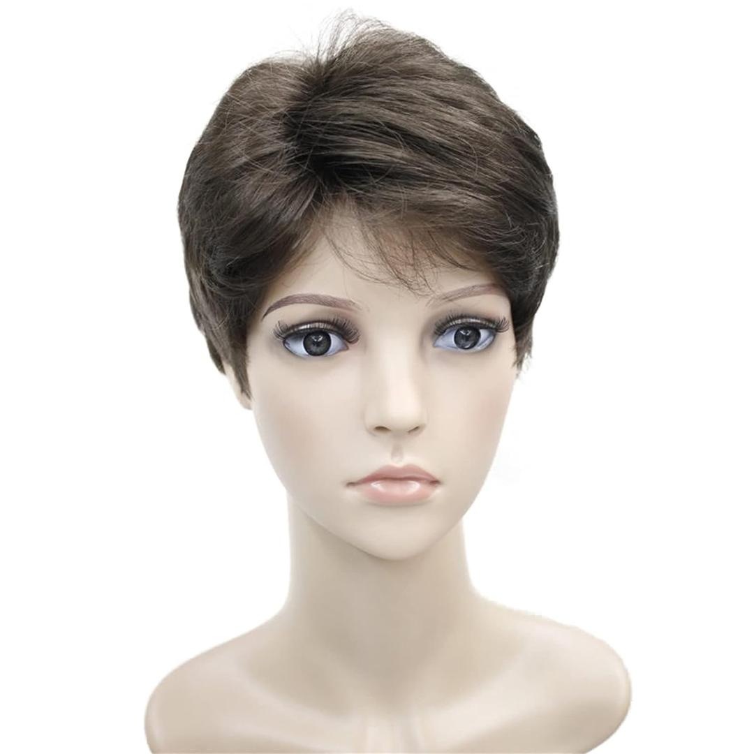 Wigsinway Short Synthetic Wigs Medium Ash Brown Fluffy Straight Full Bang Capless Heat Resistant Fiber Wigs for Women