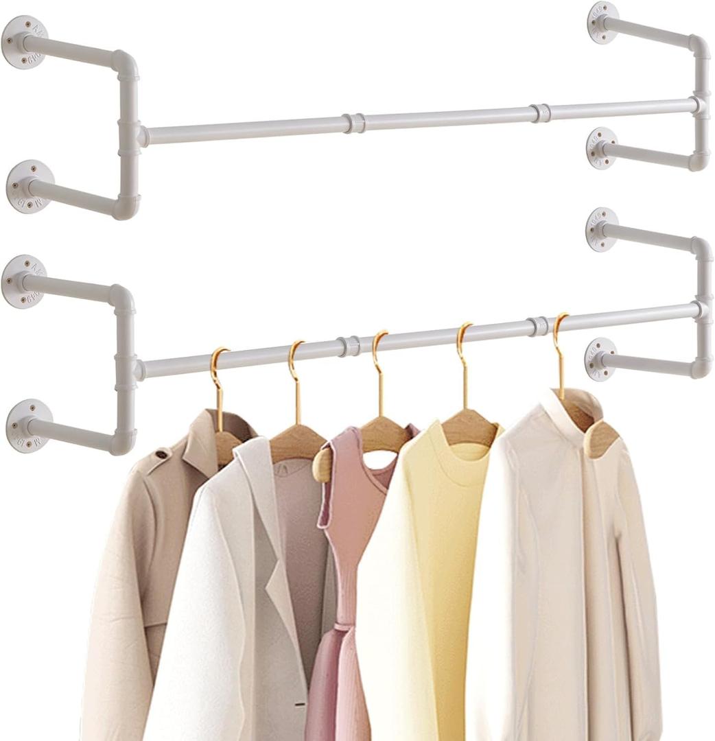 IBUYKE Industrial Pipe Clothes Rack Set of 2, 50 Inch Wall Mounted Clothing Rack, Space-Saving Hanging Closet Rod, Heavy Duty Multi-Purpose Garment Rack for Laundry Room(4 Bases), White TYJ002W-2