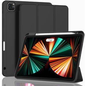 ZryXal New iPad Pro 12.9 Inch Case 2022/2021/2020(6th/5th/4th Gen) with Pencil Holder,Smart iPad Case [Support Touch ID and Auto Wake/Sleep] with Auto 2nd Gen Pencil Charging (Black)