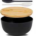 ECOHAGOU 10" Large Salad Serving Bowl with Utensils in Lid, Bamboo Fiber Salad Bowl with Lid, Mixing Bowl with Servers set for Pasta,Fruit,Veggies,Popcorn to Replace Wooden Bowls - Matte Black
