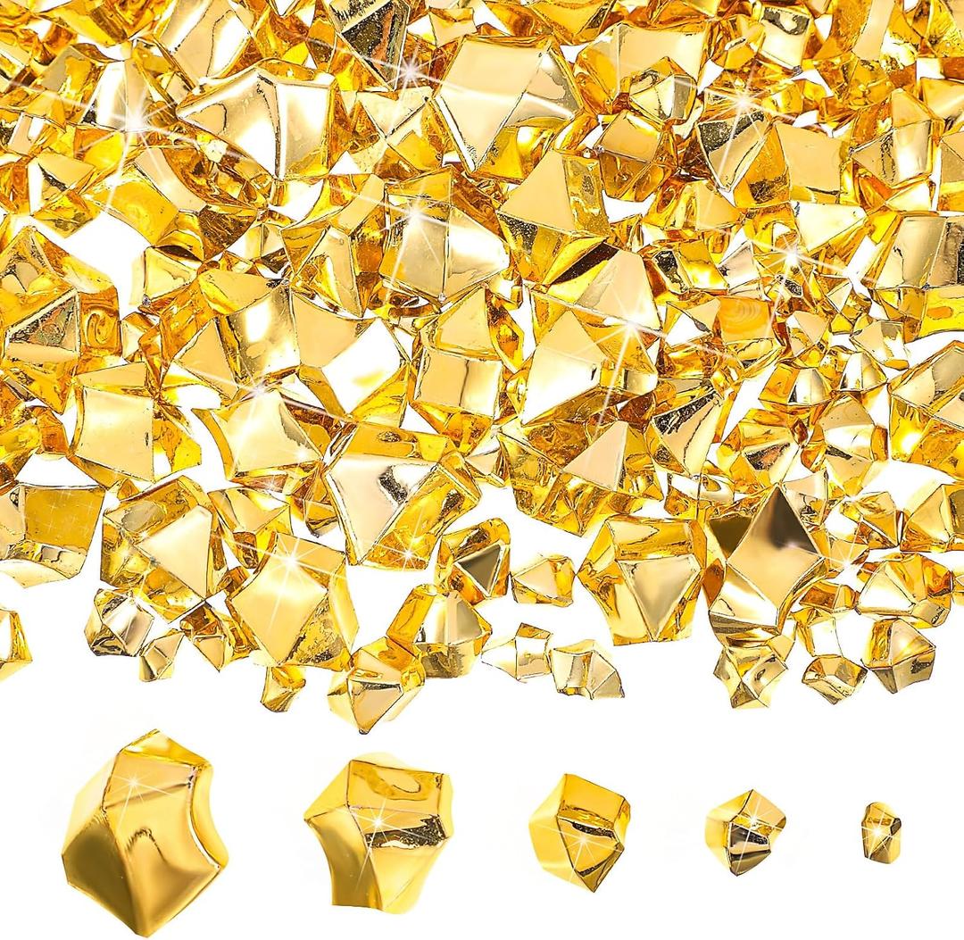 Nuanchu 1140 Pcs Fake Gems Mixed Sizes Fake Ice Cubes Acrylic Crushed Rocks Jewels Plastic Diamonds Crafting Vase Filler for Wedding Birthday Adventure Party Decorations Table Scatters (Gold Color)