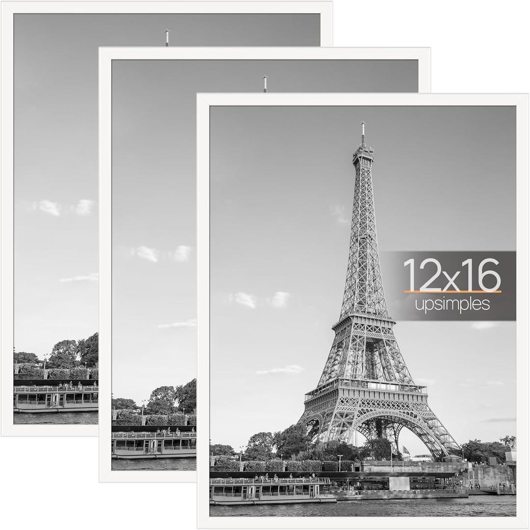 upsimples 12x16 Picture Frame White 3 Pack, Scratch-Proof Poster Frames 12 x 16 for Photo Gallery - Slide-In Strips, Horizontal or Vertical Wall Mounting, White