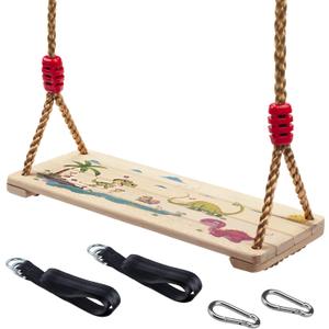 Wooden Swing Seat, Nostalgic Outdoor Wood Swing for Kids , Tree Straps Set Accessories for Backyard Patio Garden Playground, Height Adjustable (Beige)