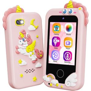 Kikidex Kids Smart Phone for Girls, Perfect Christmas Birthday Gifts for 3-10 Year Old Kids, Touchscreen Learning Play Toy Smartphone with Dual Camera, Puzzle Game, Music Player (Pink)