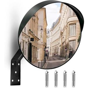 16-Inch Convex Security Corner Mirror - Adjustable Fixing Bracket, Wide Angle, Indoor and Outdoor Use - Ideal for Warehouse, Office, Parking Garage, Alleys, Driveways and Traffic Safety(Black