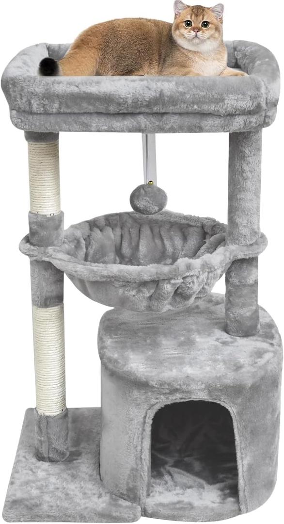 SYANDLVY Small Cat Tree for Indoor Cats, Activity Cat Tower with Scratching Post for Kittens, Modern Cat Furniture with Basket & Hanging Ball for Play Rest, Grey (29.6")
