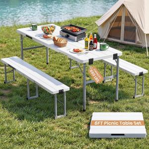 6' Picnic Table Set w/2 Benches 3-Piece 1-Case Camping Table Chair Set, 70" L x 26" W x 29" H
