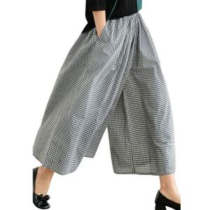 chouyatou Women's Cotton Linen Pants Elastic Waist Plaid Gingham Wide Leg Capri Palazzo Pants XXL Black Gingham