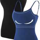 ATTRACO Women's Cotton Camisole Shelf Bra Spaghetti Straps Tank Top (Black/Blue, XL)