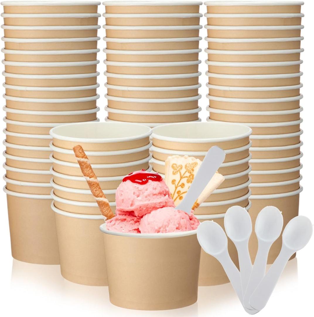 Honeydak 300 Pack 5 oz Kraft Paper Disposable Ice Cream Cups with Spoons Bulk Small Ice Cream Sundae Bowls Treat Dessert Snack Frozen Yogurt Soup Container Wedding Birthday Party Supplies(Brown,White)