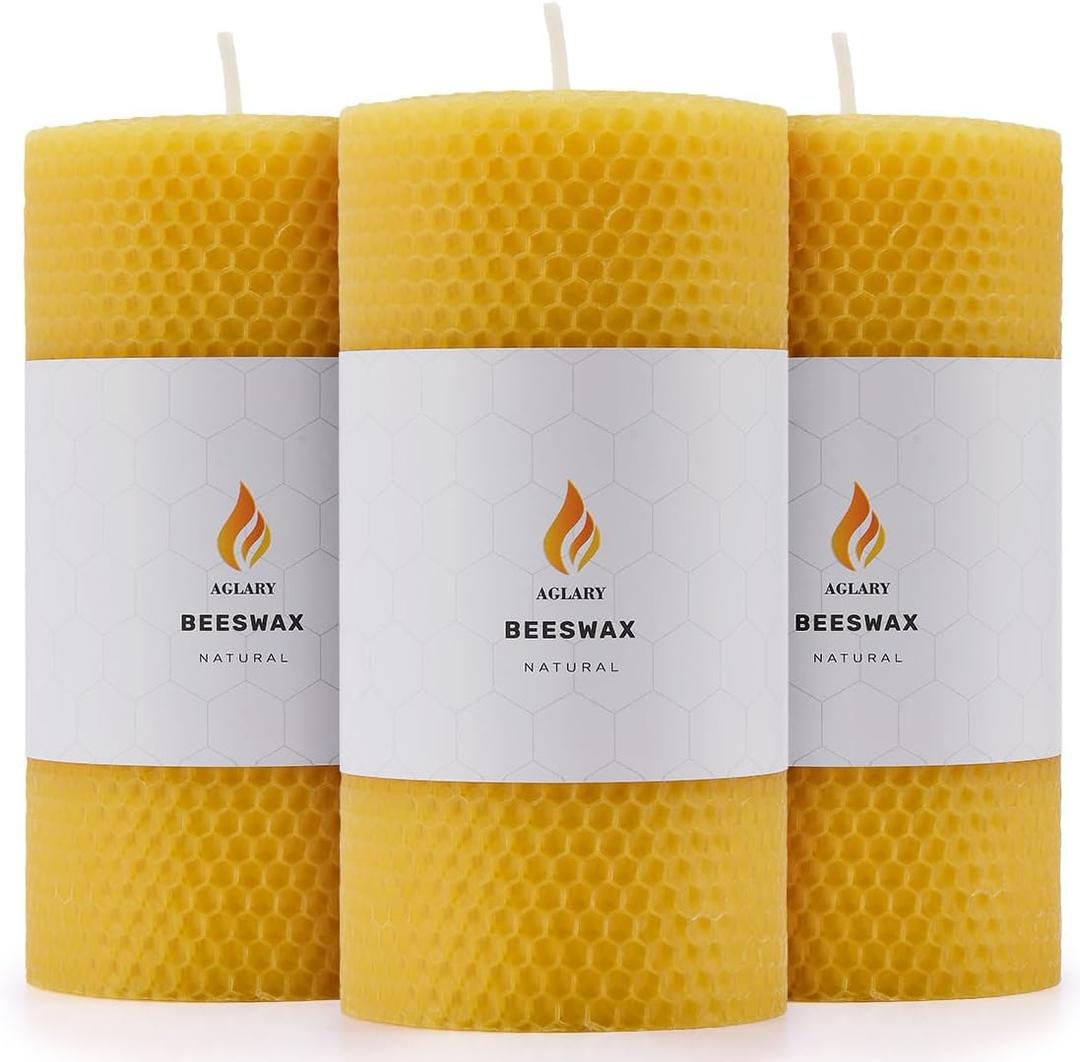 3PCS Beeswax Pillar Candles,Large Handmade Pure Beeswax Rolled Candle,Unscented & Dripless & Smokeless, 3 * 6"