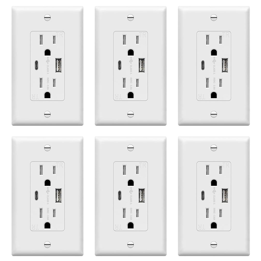 TOPGREENER USB Outlet, Type C & Type A USB Wall Outlet, 15 Amp Tamper Resistant Receptacle Plug, Charging Power Outlet with USB Ports, Wall Plate Included, UL Listed, TU21536AC-W-6PCS, White, 6 Pack