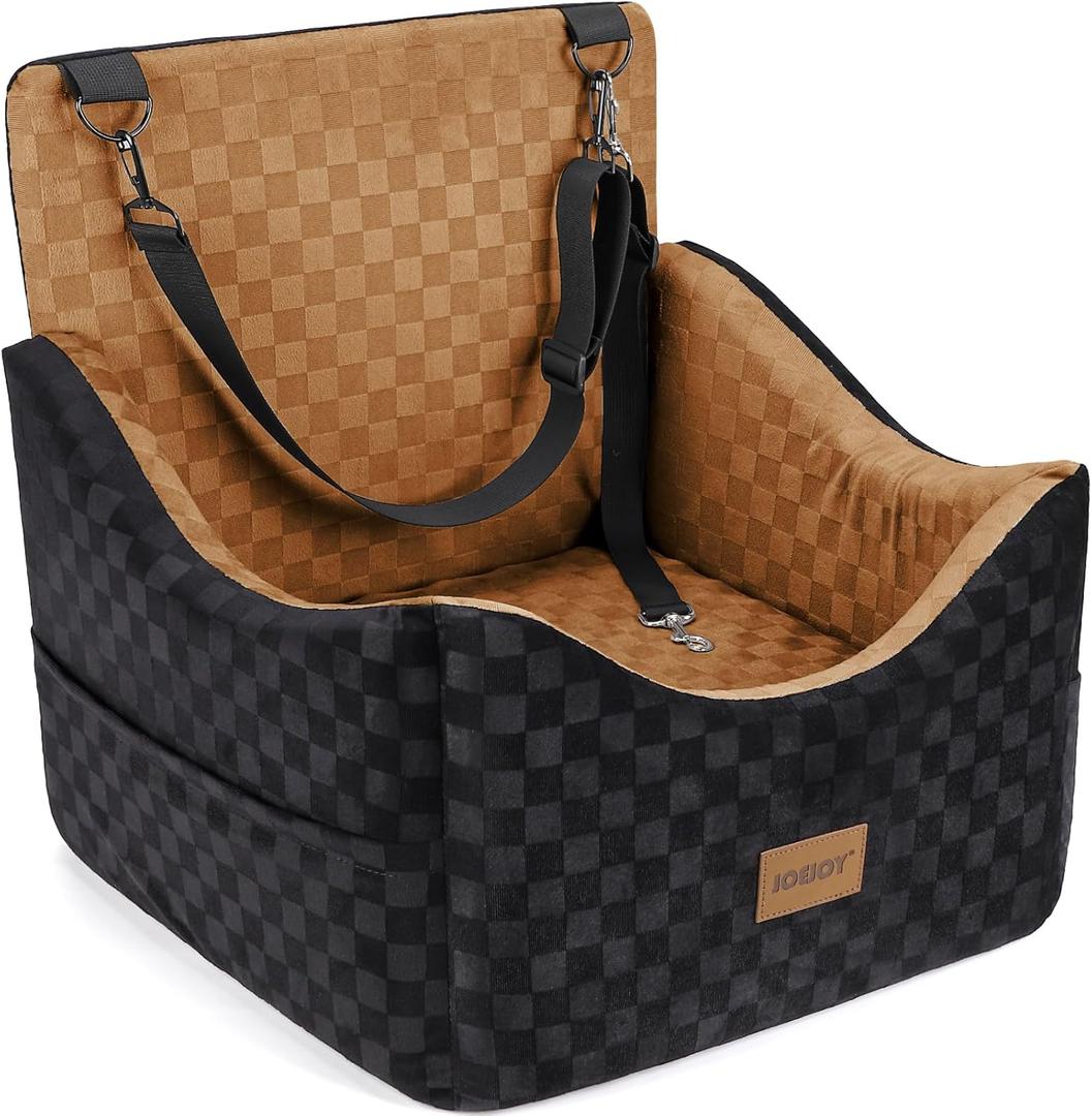 Joejoy Elevated Dog Car Seat for Small/Medium Dogs up to 35 lbs, Memory Foam Booster Seat with Detachable Washable Cover, Travel-Safe Car Bed with Safety Belts & Storage Pockets, Brown