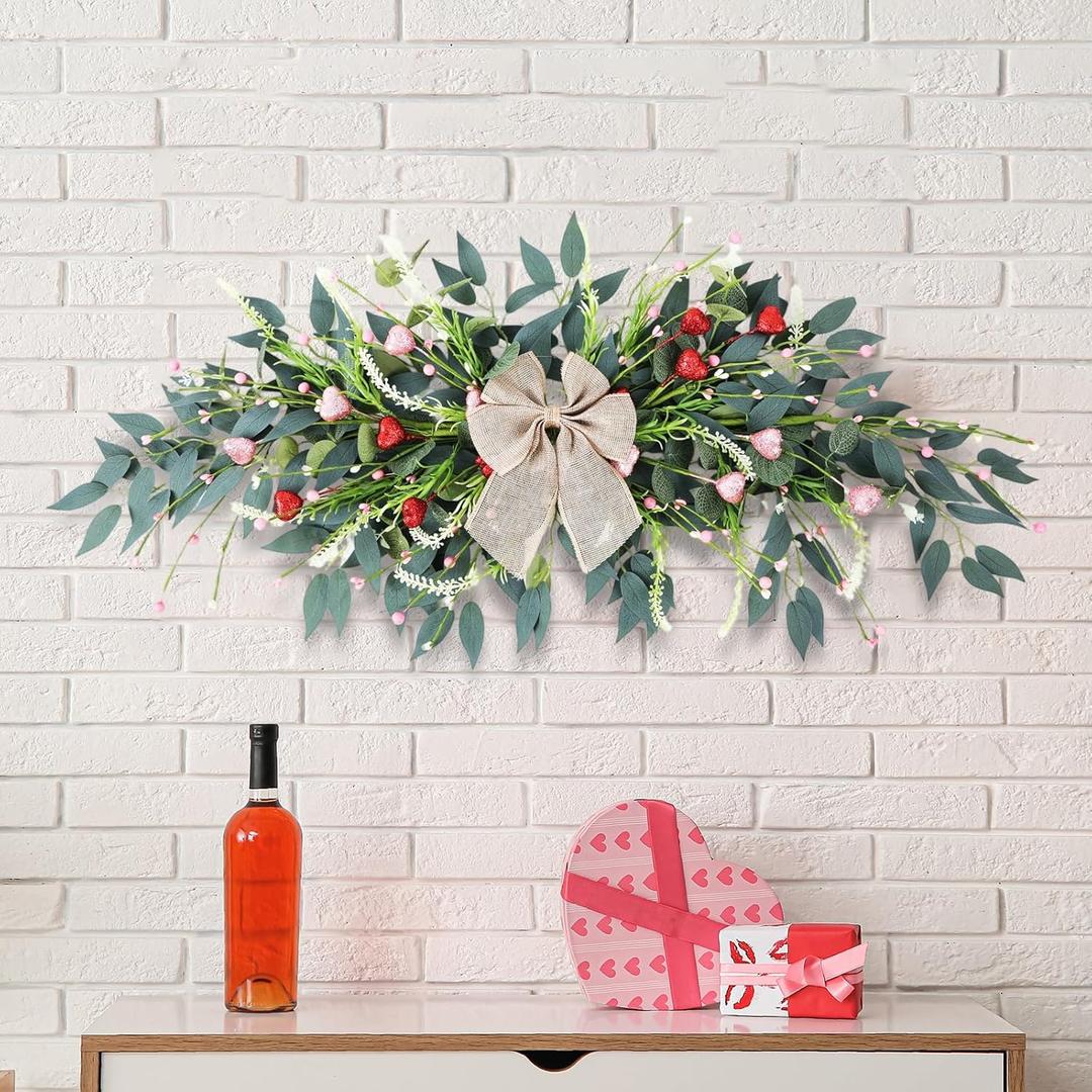 22'' Valentines Wreaths for Front Door Valentines Teardrop Swag Pink and Red Hearts for Valentine's Day Anniversary Wedding Decor Eucalyptus Wreath