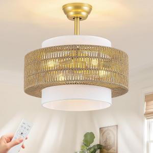 Boho Rattan Caged Fandelier Ceiling Fan with Light and Remote Control, Enclosed Low Profile Flush Mount Fan, 6-Speed, 1/2/4h Timer for Bedroom, Living Room, Kitchen