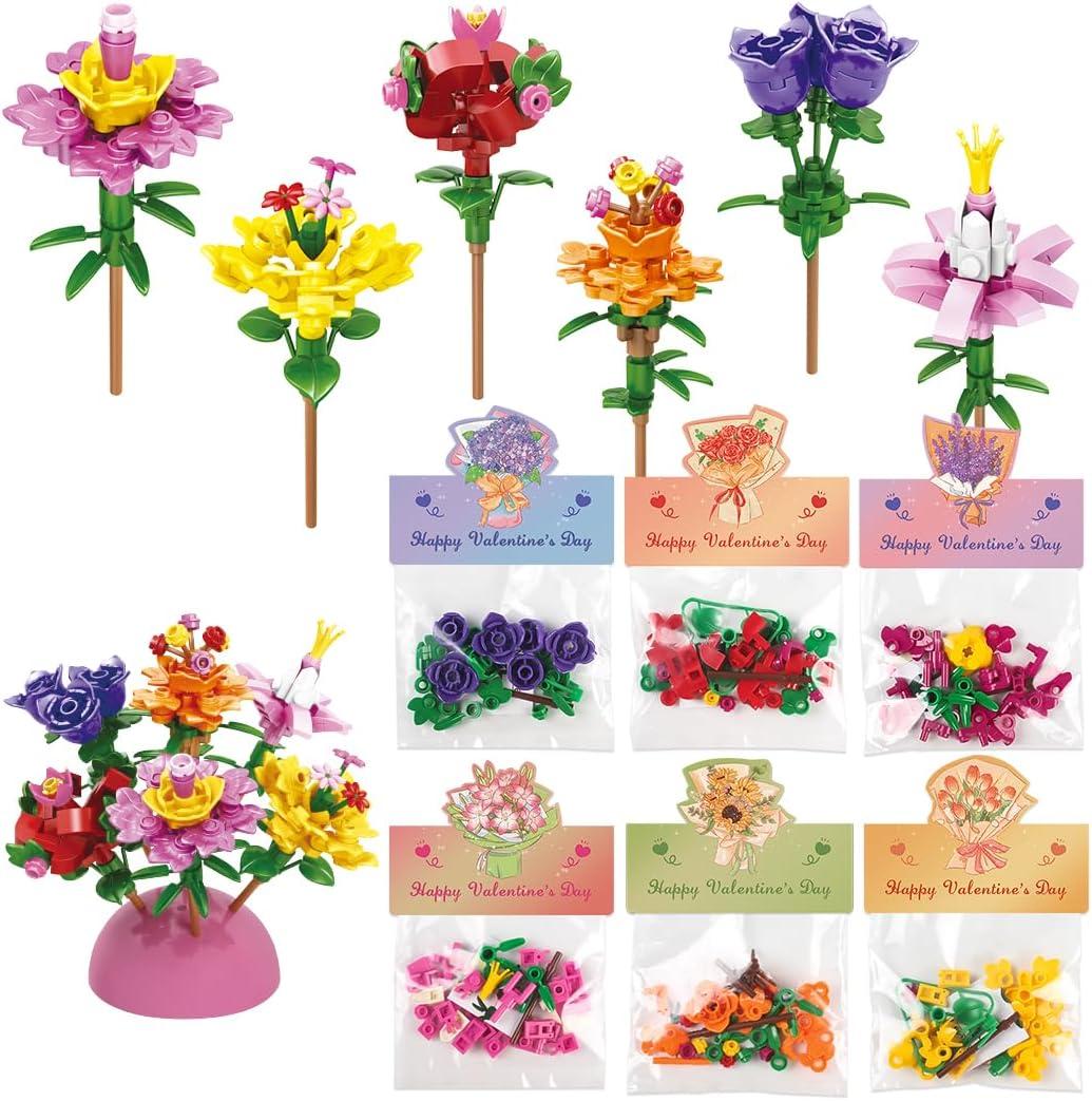 Valentines Day Gifts for Kids - 24 Pack Prepacked Valentine's Day Cards with Flower Building Blocks Crafts for School Classroom Class Party Favor, Valentines Craft Exchange for Boys Girls Teens