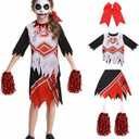 Cheerleader Costume Girls with Pompoms Red Bow Horror Scary Dresses Bloody Outfit Gift for Halloween Party Cosplay (Small)