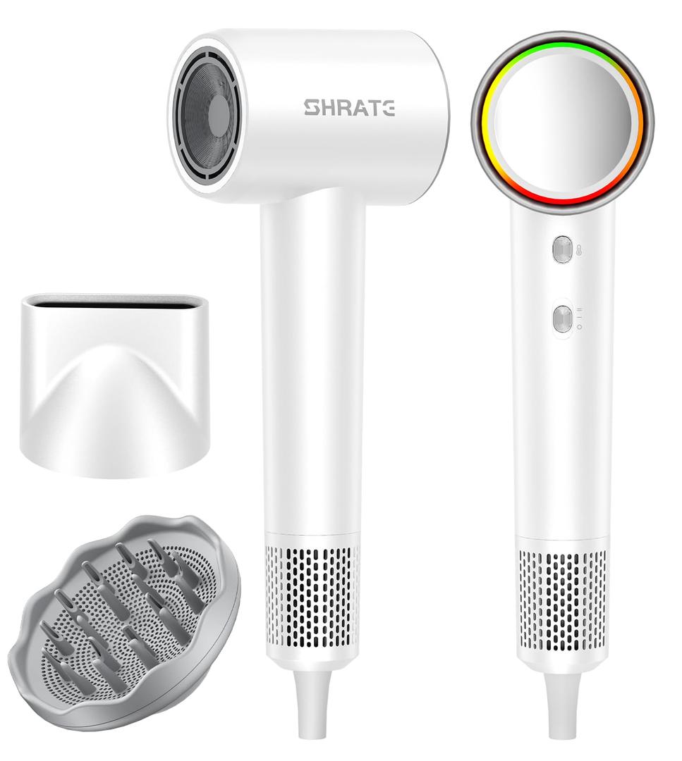 SHRATE Professional High Speed Ionic Hair Dryer | Ultra-Fast Drying | 500 Million Negative Ions | Low Noise | 160000 RPM | Compact Blow Dryer with Magnetic Diffuser for Faster Drying All Hair Types (White)