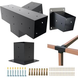 Pergola Kit, 15 4-Way Slanted Roof Pergola Bracket Set, PowderCoated Roof Wall Mount Pergola Brackets 4" x 4" (Actual: 3.5x3.5 Inch), Pergola Hardware for Porch Gazebo Backyard (3 pcs), Black