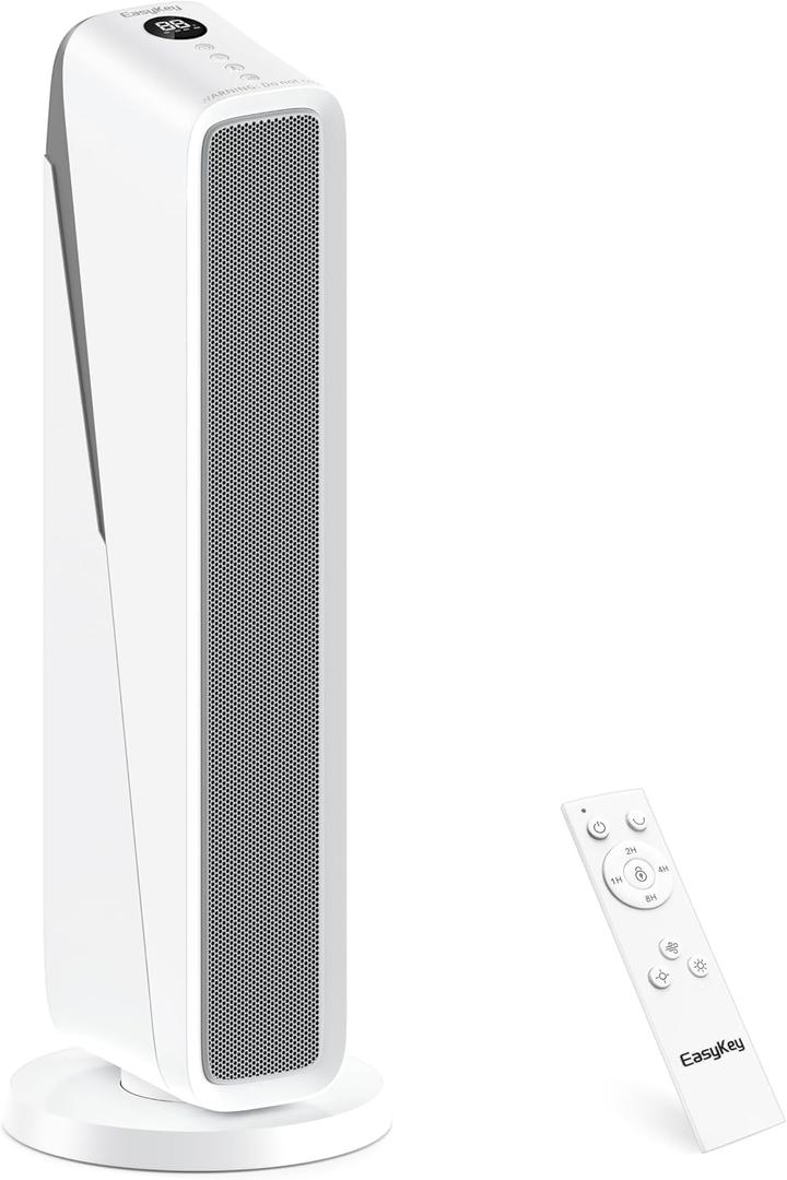 EasyKey Space Heater for Large Rooms, 24-Inch Electric Indoor Heater, 1500W Ceramic PTC Heater, Air Purifying Filter Tower Heater, 80 Wide Angle Swing Timer, Overheating and Fall Protection, White