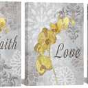 RnnJoile Yellow Bathroom Decor Wall Art Yellow and Gray Canvas Pictures Prints with Orchid Flowers Faith Love Hope Bedroom Artwork