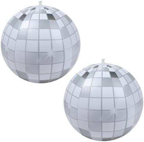 YOGFIT 2PCS Disco Ball, 20 Inch Inflatable Disco Ball for Disco Party Decorations, Grey and White Grid Balloon Decor for Music Festivals Club Stage Props