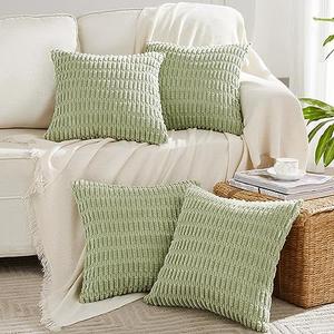 Fancy Homi 2 Packs Sage Green Decorative Throw Pillow Covers 18x18 Inch for Living Room Couch Bed Sofa, Rustic Farmhouse Boho Home Decor Soft Plush Striped Corduroy Square Cushion Case 45x45 cm
