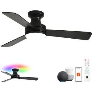 Orison Smart Ceiling Fans with Lights 42" Low Profile Flush Mount, RGB Backlight & Dimmable LED, Alexa & Google Compatible, 6-Speed Reversible, App & Remote Control, Quiet & Energy Saving, Black