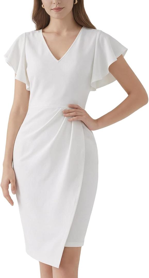 Women Wear to Work Dress Ruffle Ruched Church Bodycon Short Sleeve V- Neck Cocktail Sheath Midi Dresses (Small, Solid White)