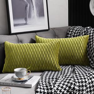 DEZENE 12x20 Moss Green Throw Pillow Cases: 2 Pack Original Striped Velvet Rectangular Decorative Pillow Covers for Farmhouse Couch (20" x 12" (Pack of 2), Moss Green)