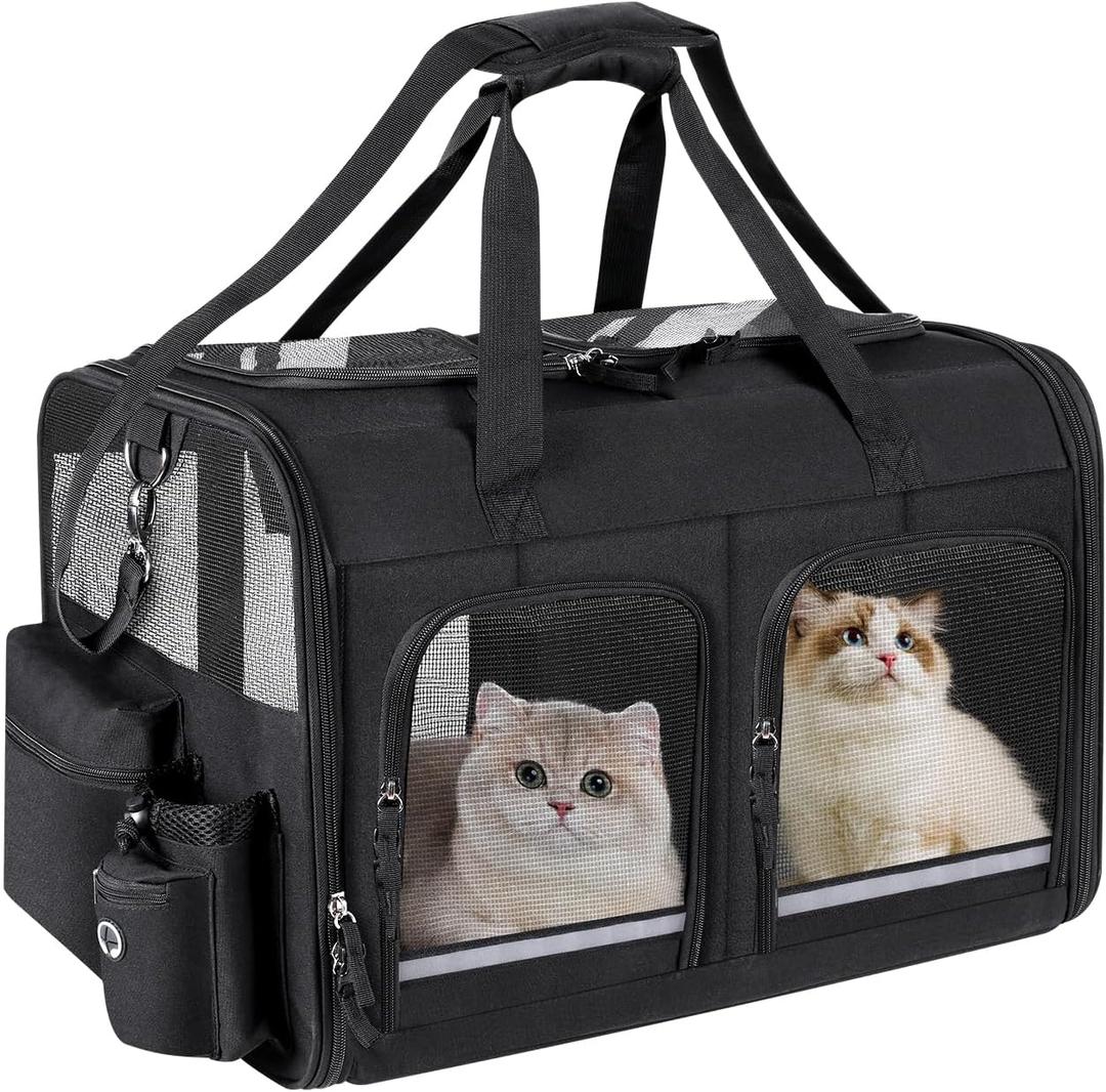 Cat Carrier for 2 Cats, Foldable Double Cat and Dog Carrier, Small to Medium Size, 2 Front Zippered Compartments,Two Pets Carrier for Outdoor Travel,Mulitple Cat Carrier (Black)