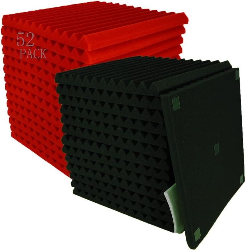 52 Pack Black red 1" x 12" x 12" Acoustic Wedge Studio Foam Sound Absorption Wall Panels