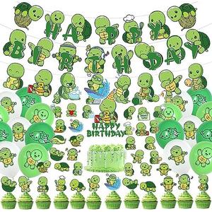 Turtle Birthday Party Decorations - Cute Turtle Party Supplies include Happy Birthday Banner, Turtle Banner, Cake Toppers, Latex Balloons, Sticker for Baby shower Boy Kid Birthday Decorations