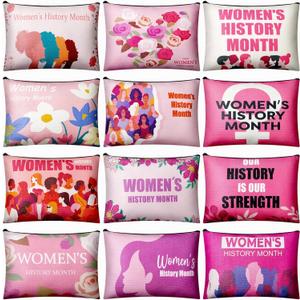 Sadnyy 12 Pcs Women's History Month Gifts Bulk, International Women's Day Party Favors for Employees Coworkers, Inspirational Canvas Makeup Bags with Zipper, 12 Assorted Designs Cosmetic Pouch