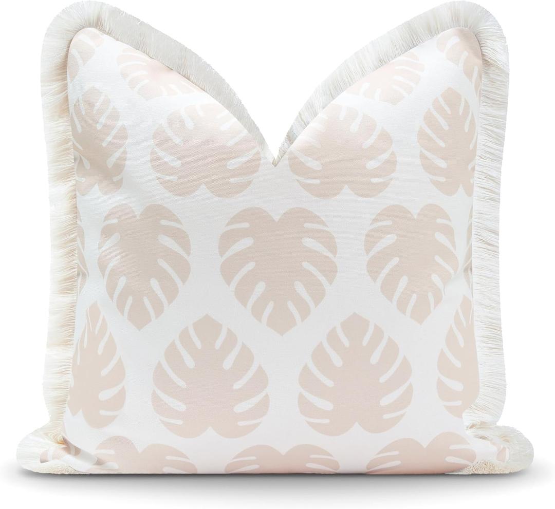 Hofdeco Premium Fall Coastal Patio Indoor Outdoor Pillow Cover Only, 20"x20" Water Repellent for Backyard, Couch, Neutral Tan Monstera Leaf Fringe