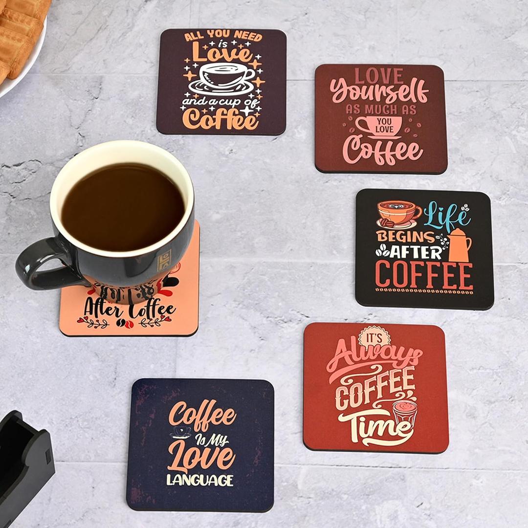 GKD Coaster Set of 6 Beautiful Wooden Coasters with Proper Coaster Stand Designer Coaster Set fit for Tea Cups and Coffee Mugs Also Coffee Lover Gifts (Square 3.8 X 3.8 Inch)