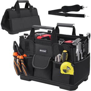 TICONN Heavy Duty Tool Bag with Multi-Pockets, Portable Tool Box Organizer Storage Bag, with Adjustable Shoulder Strap and Ergonomic Handle (Black, 14" Molded Base)