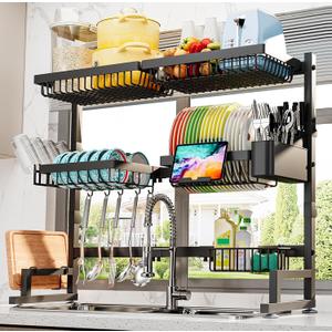 ADBIU Over The Sink Dish Drying Rack (Expandable Height and Length) Snap-On Design 2 Tier Large Dish Rack (27-36L x 12W x 32.5-37H (inches)) (Black)