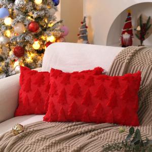 DFXSZ Christmas Tree Pillow Covers 12x20 inch Set of 2 Christmas Decoration Red Soft Plush Faux Fur Jacquard Throw Pillows for Bedroom Sofa Holiday Festivals Winter Home Decor PTK006B12