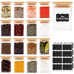 Glass Food Storage Jars Square 6oz, 16 Pack Glass Jars With Bamboo Lids, Kitchen Storage Containers For Spice, Candy, Cookie, Storage For Pantry Organizers