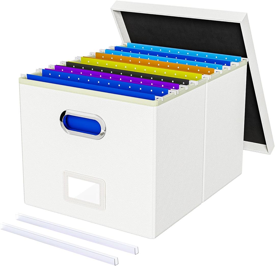 Oterri File Organizer Box,Filing Box with Lid,File Box for Letter/Legal File Folder Storage, Portable Hanging File Box for Office/Decor/Home,1 Pack, White(Leather),Box only
