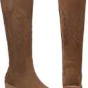 SHIBEVER Suede Knee High Cowboy Boots for Women Comfortable Tall Cowgirl Boots Zipper Low Heel Fall Winter Western Booties (Brown)