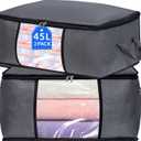 BiCINE 2 Pack Clothes Organizer Storage Bags with Zipper, 45L Foldable Blanket Storage Box with Clear Window Sturdy Handles for Closet, Dorm, Pillows, Bedding, Sweater, Clothing, Gray