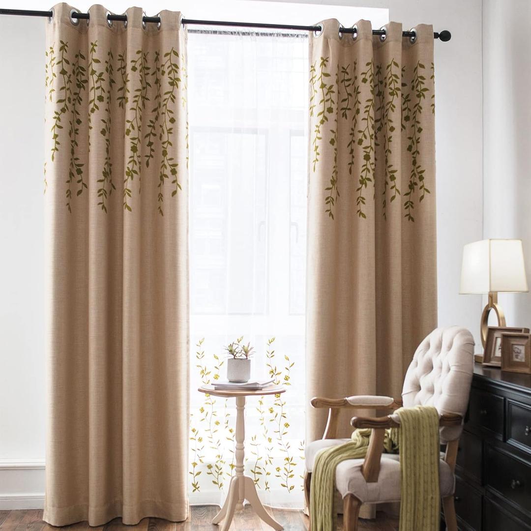 Melodieux Flower Embroidery Linen Blackout Wide Curtains for Living Room Patio Door Large Window Grommet Drape, Beige/Green, 100 by 84 Inch (1 Panel)