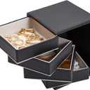 4 Layer Rotating Jewelry Organizer for Men, Women, Small Faux Leather Box for Necklaces, Rings, Earring, Bracelets (Black, 4x5.25") - Jewelry Box - Earring Holder Organizer