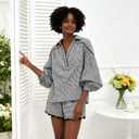 VAOYIU Two Piece Sets for Women Casual Summer Gingham Outfit Puff Sleeve Crew Neck Top Matching Shorts Set with Scalloped Hem S